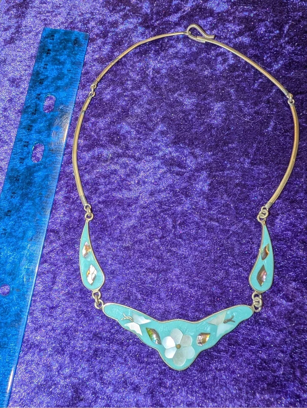 Vintage Alpaca Mexican Silver and Turquoise Floral Necklace